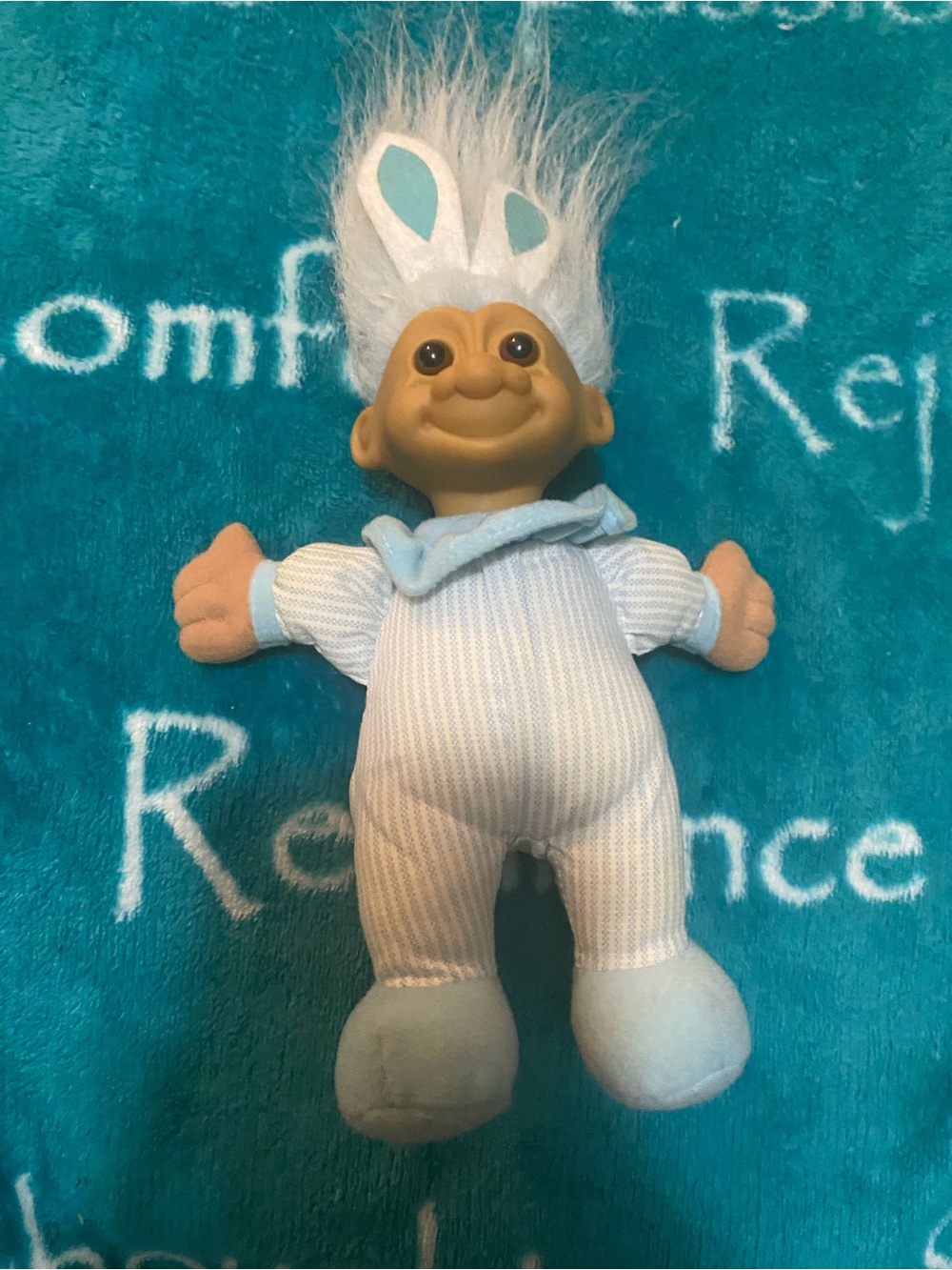 Vintage 90’s Russ Light Blue Bunny-Ear Troll Plush Doll. Approx. 6in